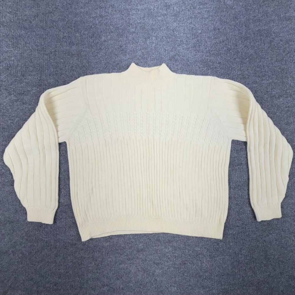 Jeanne Pierre Sweater Womens Large White Mock Neck Cable Knit Cotton Pullover